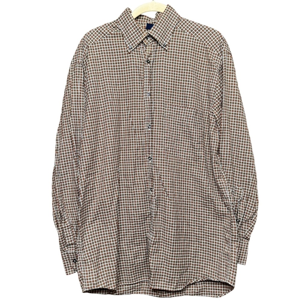 Italian Como Sport Mens Medium Plaid Button Down Shirt Brown Check 100% Cotton